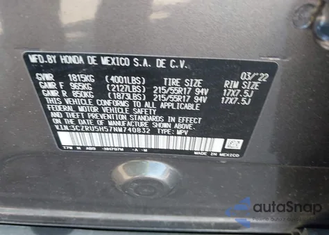 2022 Honda Hr-V 2Wd Ex z USA, uszkodzony, nr VIN 3CZRU5H57NM740832